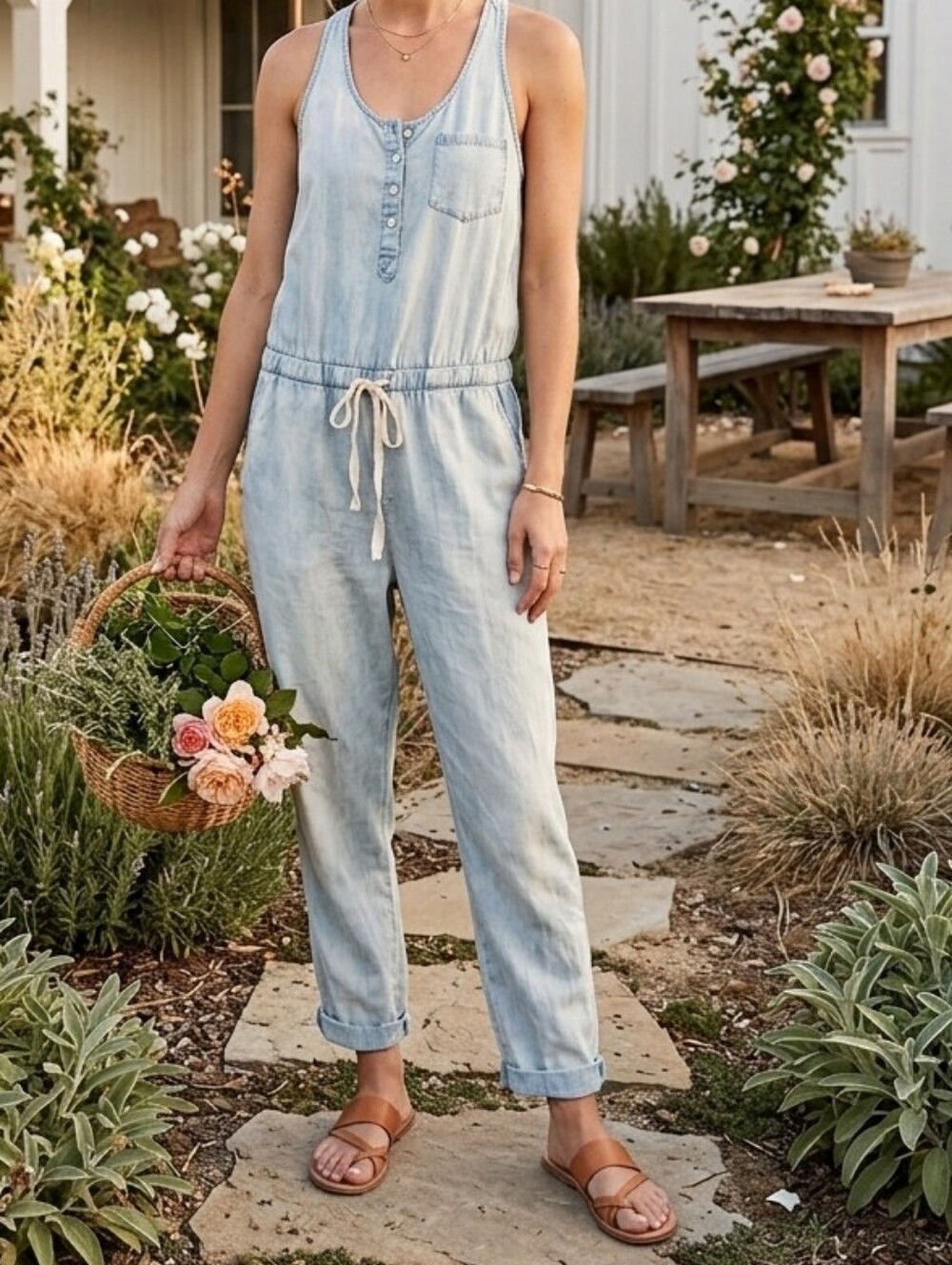 LOVESTITCH VINTAGE SUN FADED WASH TENCEL DENIM JEAN CUFFED HEM JUMPSUIT SMALL